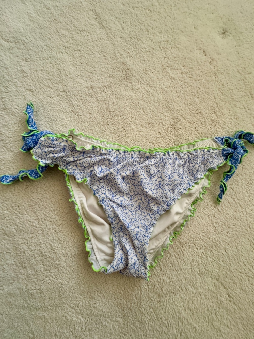Victoria’s Secret Patterned Ruffle Tie-Side Bikini Bottom with Neon Green Trim